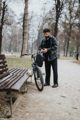 Handsome businessman in a leather jacket working remotely on a laptop while standing next to his bicycle in an urban park setting.