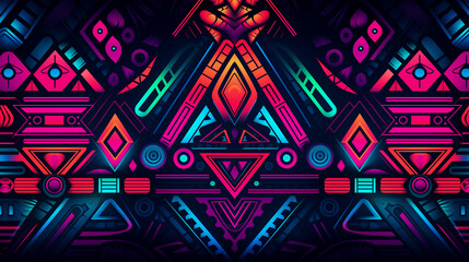 Fototapeta premium Colorful abstract backdrop with a prominent triangle shape, displaying a dynamic and visually stimulating composition. Vibrant Neon Tribal Pattern With Symmetrical Design Elements. Background.