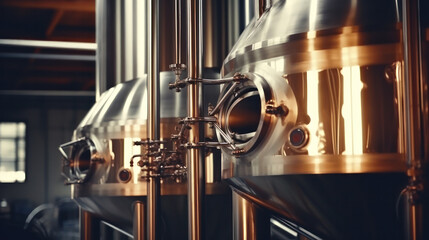 Interior of brewery, large steel storage tanks for brewing beer.