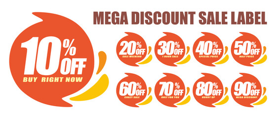 Discount sales tag.Yellow and red  round blowout sale label.10,20,30,40,50,60,70,80,90 percent price cut out badge.Special offer banner template with advertising words.Set of mega discount sale label. - obrazy, fototapety, plakaty