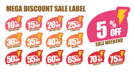 Set sale label percent price off discount value with yellow lightening mark.Red marketing tag with selling bargain announcement.Clearance promotion message.Special offer badge.Offer tag.Discount shape
