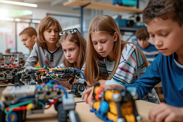 Group of caucasian students building and programming electric toys and robots at robotics classroom
