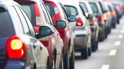 Obraz premium Cars on highway in traffic jam, city street traffic congestion during rush hour