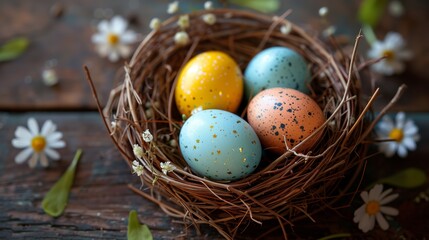 Fototapeta na wymiar Easter eggs in nest on wooden background