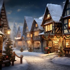 Winter scene with snow covered houses and christmas tree in the foreground