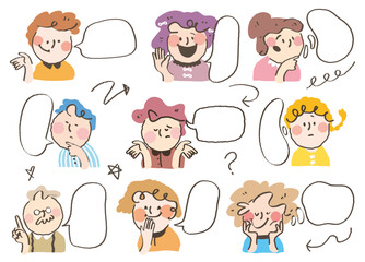 Colorful line style of person icon with speech bubble.Cute comic of avatars dialogue cloud. Stylish fashion young people conversation with variety expression.Hand drawn kids chat balloon. message memo