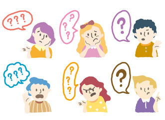 Hand drawn young people avatars of characters confuse speech bubble with question mark. Vector people profile chat balloon with question. Variety kids school student avatar collection. understand