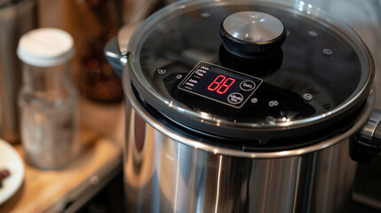 The LED display showing the precise temperature and cooking time of the sous vide cookers water bath.