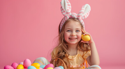 Beautiful girl holds in hand a basket with Easter eggs