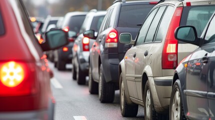 Naklejka premium Cars on highway in traffic jam, city street traffic congestion during rush hour