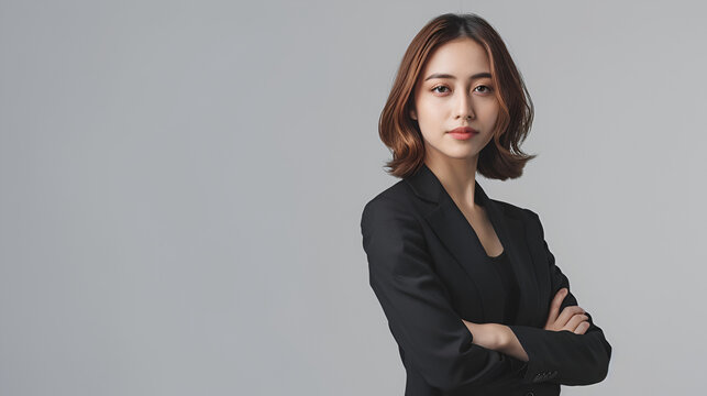 A businesswoman is standing with an elegant and charming face, the woman is standing on the right of the frame, an empty space on the left, the background is gray