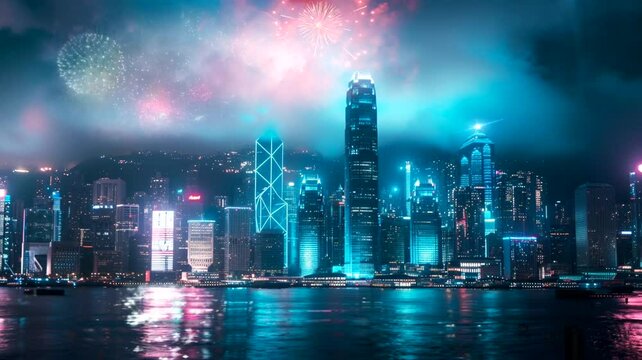 City building with firework view scene, 4k animated virtual repeating seamless	
