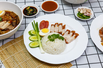 crispy belly pork on rice with barbecue red sauce