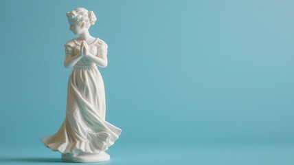 Classical statue of a woman praying on blue backdrop