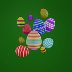 Multicolor easter eggs on green background. 3d render illustration.