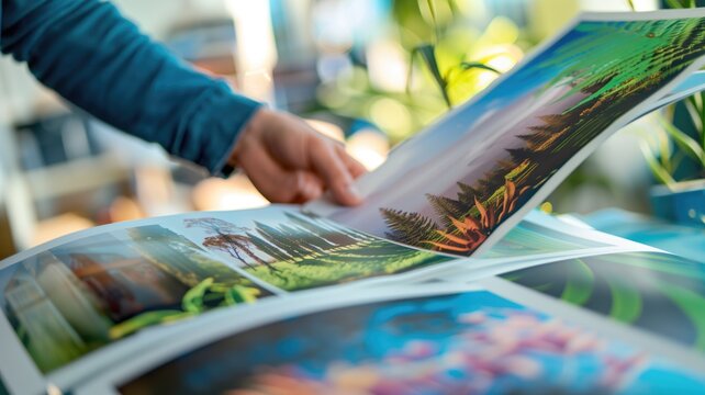 Person flipping through printed photographs with vibrant colors