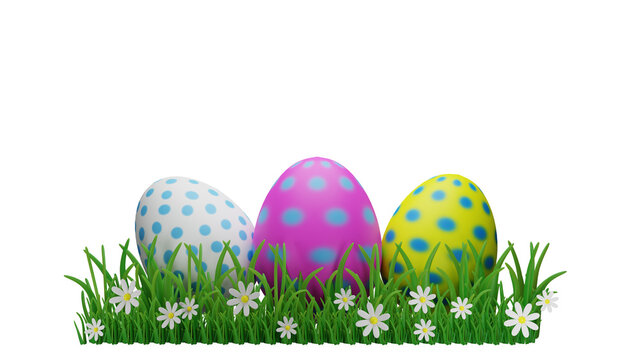 Decorative Easter eggs on green grass with white flowers isolated on white background. 3D rendering illustration