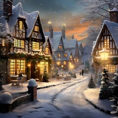 Christmas and New Year holiday background with winter houses in the village.