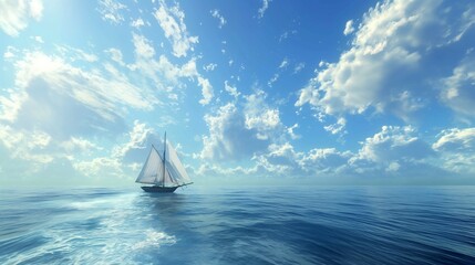 A lone sailboat drifting along the horizon, surrounded by the vastness of the open ocean and a clear blue sky. - obrazy, fototapety, plakaty