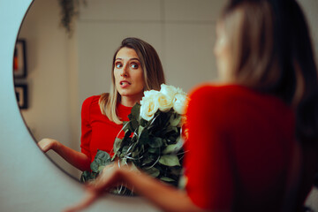 Clueless Woman Looking in the Mirror Receiving Roses. Puzzled girl holding a gift from a mysterious suitor
 - obrazy, fototapety, plakaty