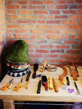 Equipment for making hats on the table 