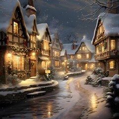 Snowy winter night in the village. Digital painting. 3D illustration.