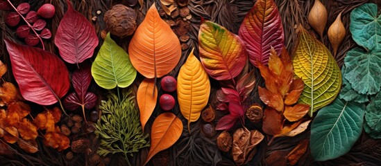 A group of different colored leaves, including red, orange, yellow, and brown, lie scattered on the...