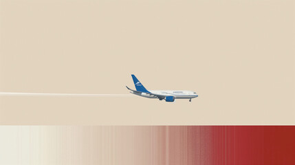 A blue and white airplane is flying through the sky - obrazy, fototapety, plakaty