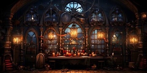3D render of an old bar interior with a lot of candles and books