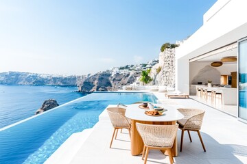 A modern cliffside villa with an infinity pool overlooking the sea. Copy space