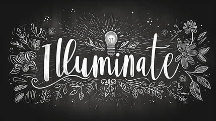 The word "illuminate" is written in chalk on a blackboard, creating a striking visual contrast between the white text and the dark background