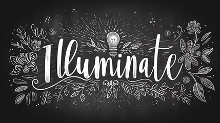 Fotobehang The word "illuminate" is written in chalk on a blackboard, creating a striking visual contrast between the white text and the dark background © keystoker