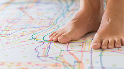 A persons feet positioned on a reflexology map with different colored lines and symbols indicating the pathways that correspond to specific bodily functions and systems.