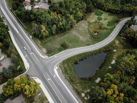 Aerial view of intersection of roads in suburbs