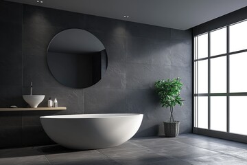 Fototapeta na wymiar Modern bathroom interior design, bathroom with empty dark gray walls