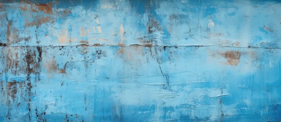 A close-up view of a metal wall covered in layers of blue and brown paint, creating a textured and aged look. The paint is peeling and cracked, revealing glimpses of the metal underneath.