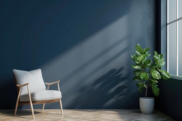 Modern minimalist interior with an armchair on empty dark blue color wall backgroun