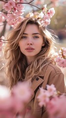 Fototapeta premium Young Woman Posing with Cherry Blossoms in Springtime, Natural Beauty Outdoor Portrait, Serene Attractive Female in Blooming Garden, Romantic Floral Background, Lifestyle Fashion