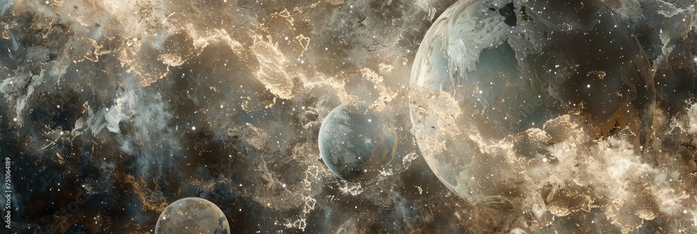 Wall mural cosmic elements like stars and planets embedded in marble textures, creating a surreal and ethereal 