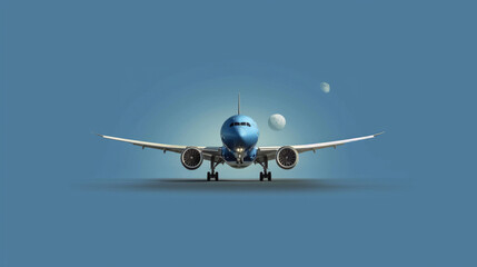 A blue airplane is on the ground with a moon in the background