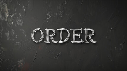 The word "order" is carefully written in white chalk on a blackboard, showcasing correct sentence structure