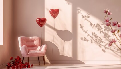 Mockup of a blank horizontal poster frame in a modern living room with a background, Valentines Day heart balloon decorations