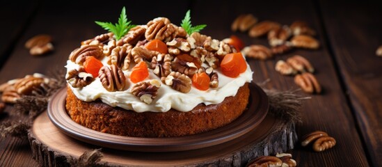 Fototapeta premium A rustic-style carrot cake topped with cream cheese and walnuts sits on a dark wooden table in a simple and elegant setting.