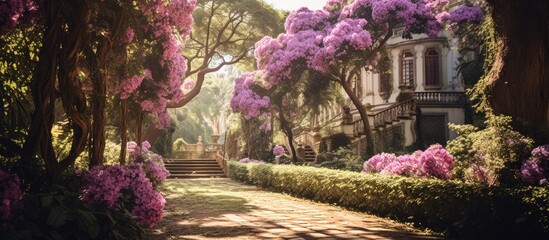 Fototapeta na wymiar The garden in Buenos Aires is filled with majestic trees and a profusion of vibrant purple flowers. The scene is a display of breathtaking beauty and captivating plants.