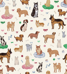Seamless vector repeat pattern with hand dawn happy dogs of various breeds in natural dog colors on cream background, surrounded by bones and bows. Golden retriever, corgi, chihuahua, dachshund, pug, 