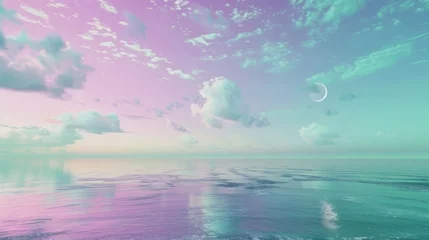 Crédence de cuisine en verre imprimé Violet colorful from purple to soft green and clean horizon with few clouds and far with a crescent moon