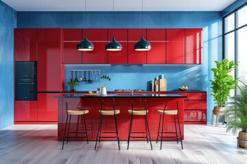 Modern red kitchen interior with furniture, kitchen interior with blue walls