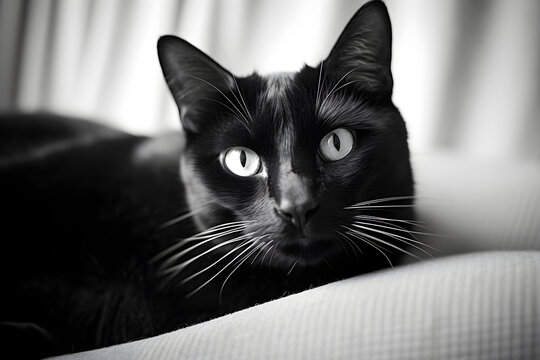 Captivating Black and White Portrait of a Domestic Short-Haired Cat in Leisurely Repose
