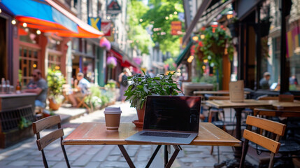 A laptop on a table at a sidewalk cafe