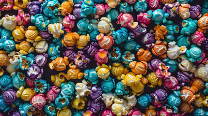 Fototapeta na wymiar Colorful popcorn background, multicolored pattern, top view